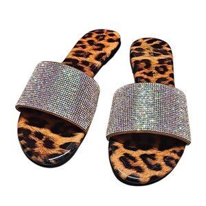 Leopard Print Slides With Rhinestone Straps Stylish Womens Sandals